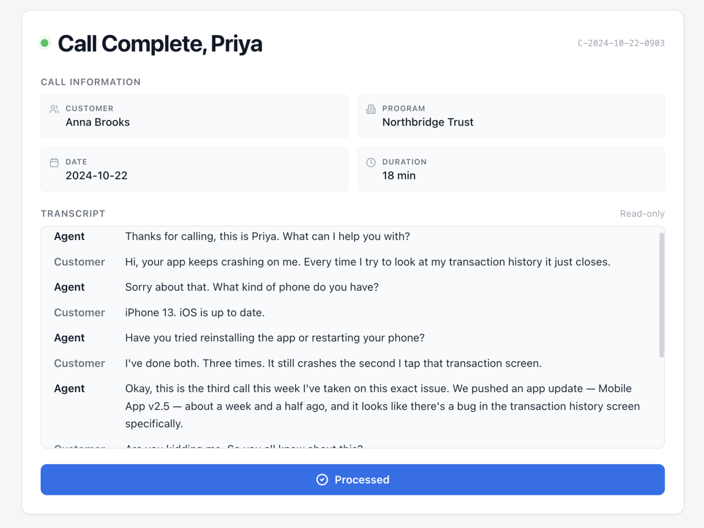 Prototype input: call metadata card and full transcript with Processed button
